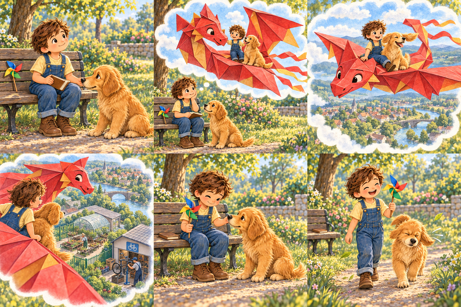 An illustration study of Alex and Buddy imagining a future flight on a red dragon kite.
