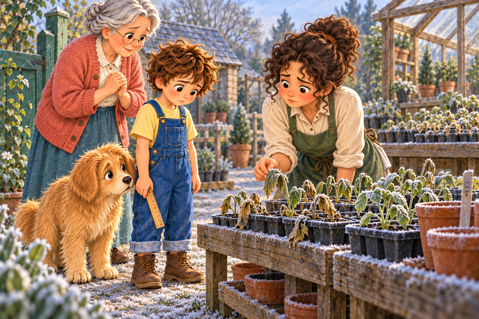An unexpected frost damages some seedlings at the nursery.
