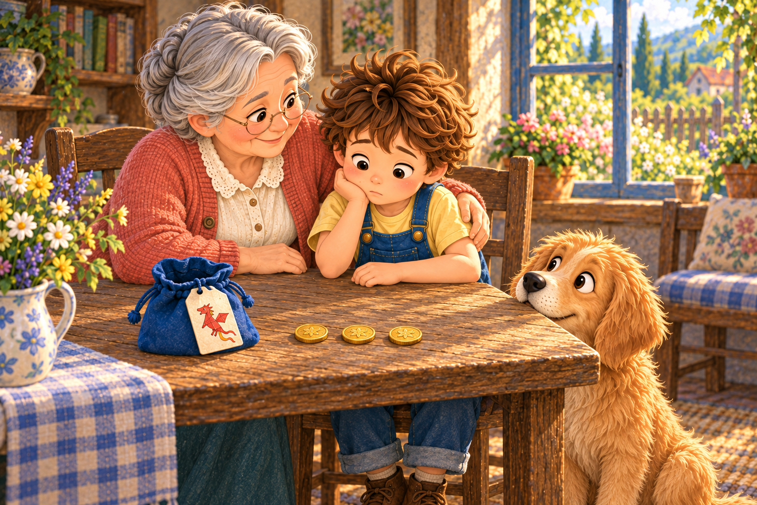 Grandma comforts Alex beside an open blue pouch and three saved coins on the table.
