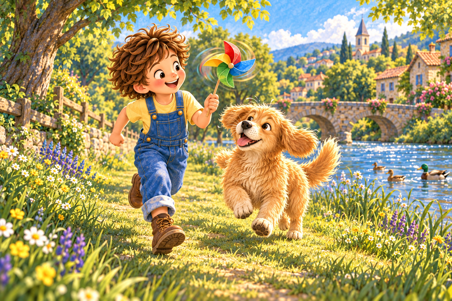 Alex and Buddy walk along the riverside path with the pinwheel.