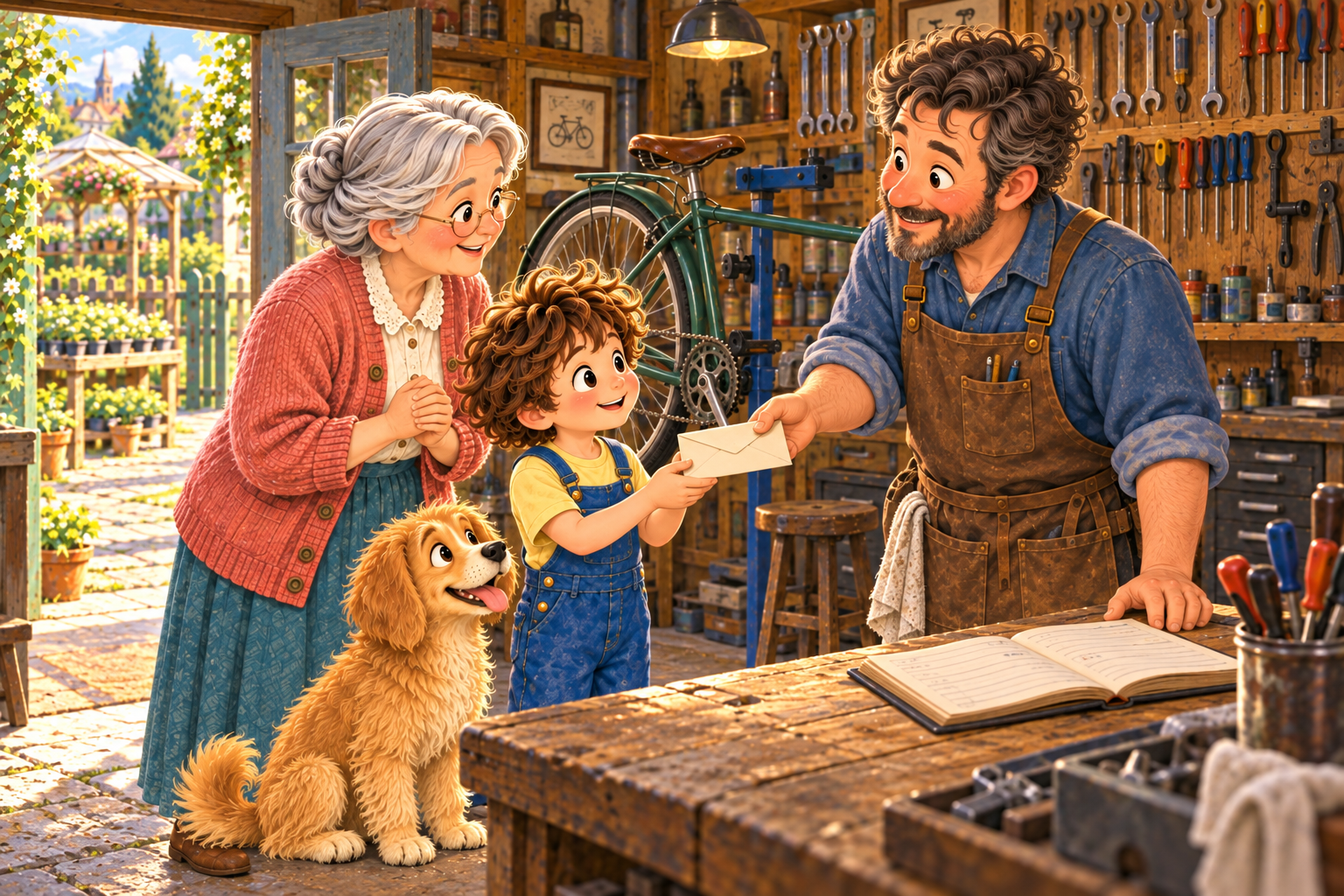 Alex and Grandma at the bicycle repair shop, with an unmarked envelope.