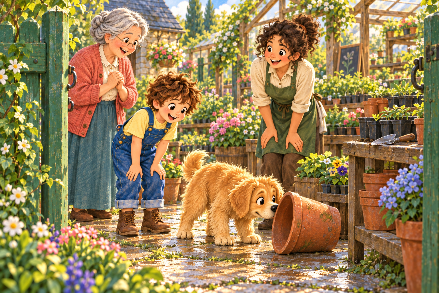 Alex, Grandma, and Buddy visit the plant nursery behind the green gate.