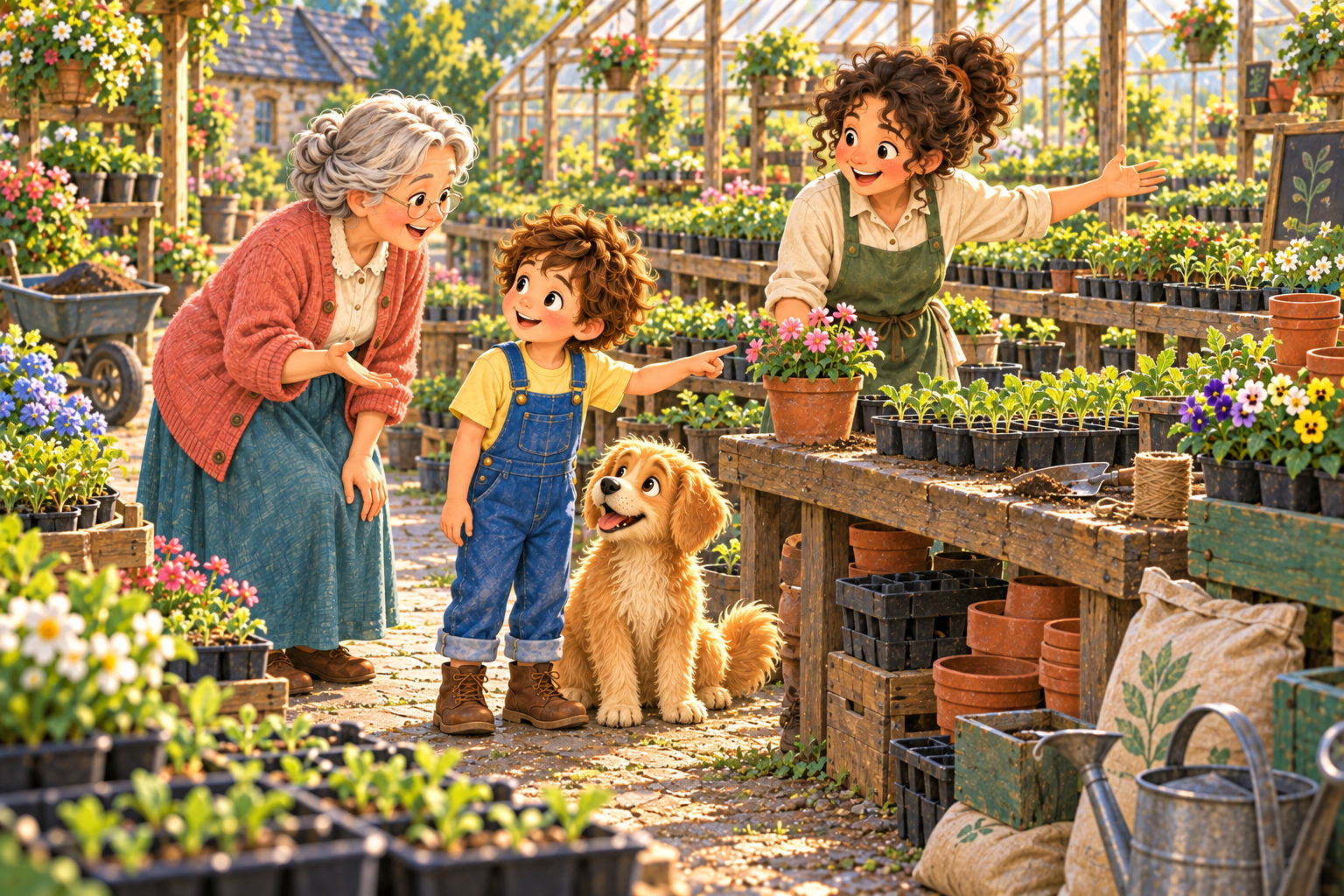 Alex and Grandma look around the nursery with its owner.