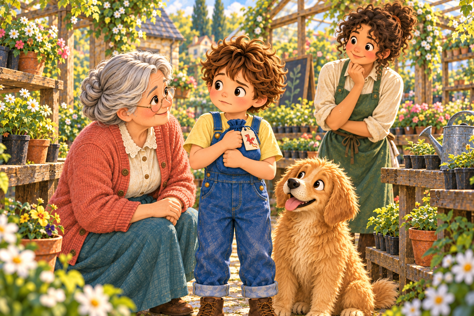 Alex thinks about his savings in the blue pouch while talking with Grandma.