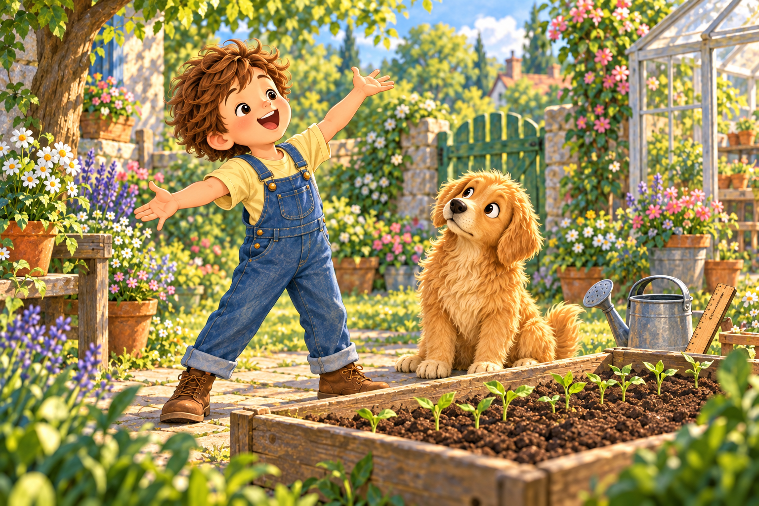 Alex tries to hurry the seedlings along while Buddy keeps him company.