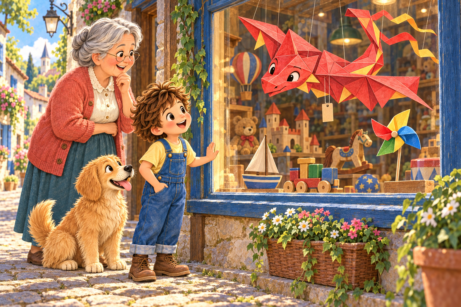 Alex and Buddy discover a red paper dragon and a pinwheel in a shop.