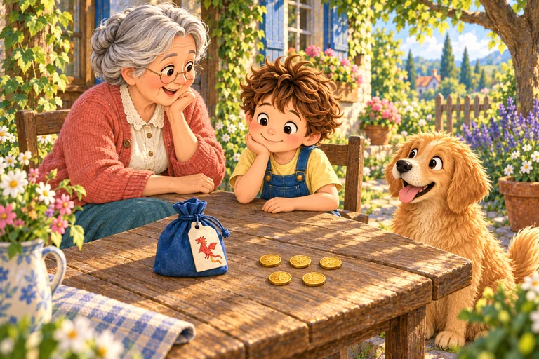 Alex, la abuela y Buddy piensan en distintas maneras de usar las monedas.