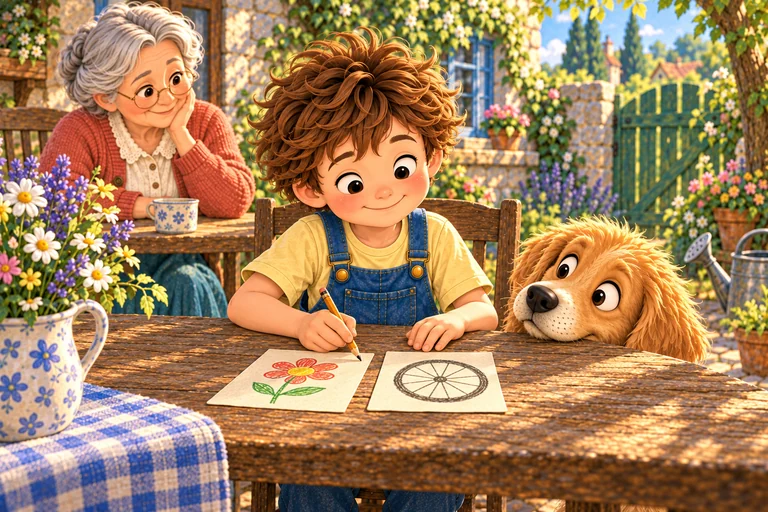 Alex dibuja una flor y una rueda en dos tarjetas mientras Buddy mira la rueda.
