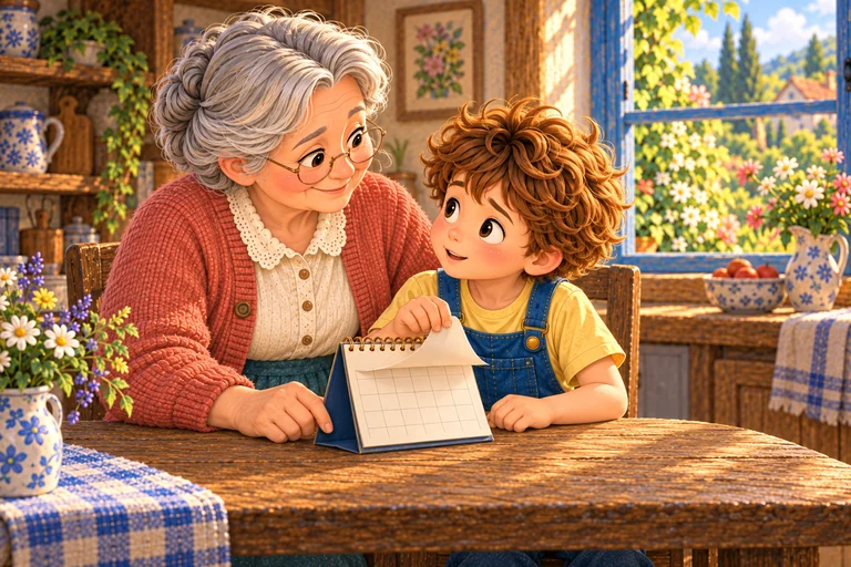 La abuela le muestra un calendario a Alex; él pasa otra página.