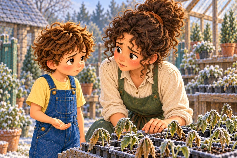 Alex escucha a la dueña del vivero junto a las plantitas dañadas por la helada, con la mano vacía.