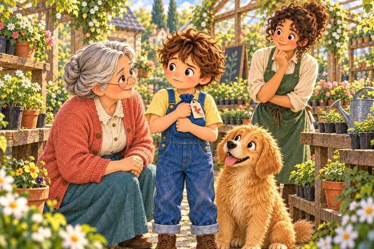 Alex piensa en sus ahorros en la bolsa azul mientras habla con la abuela.
